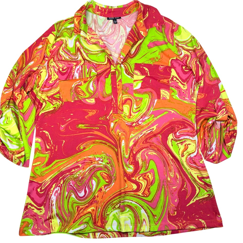 E39 by Eric Bright Abstract Psychadelic Print 3/4 Sleeve Top Blouse Large Groovy